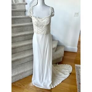 Amy Kuschel White & Cream Beaded Cap Sleeve Satin Sheath Train Wedding Dress